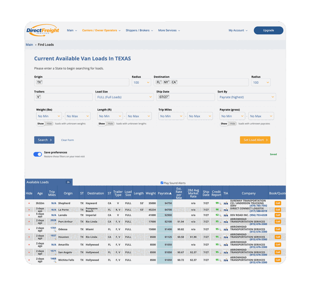 Direct Freight account tools